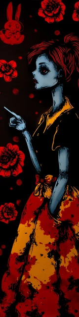 Free teacher bookmark featuring a teacher in a red and blue floral red dress pointing